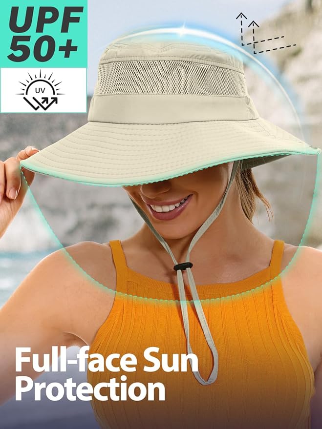 Sun Bucket Beach Hats for Women with Ponytail Hole,Sun Protection UV UPF50+ Waterproof Fishing Safari Hiking Hat