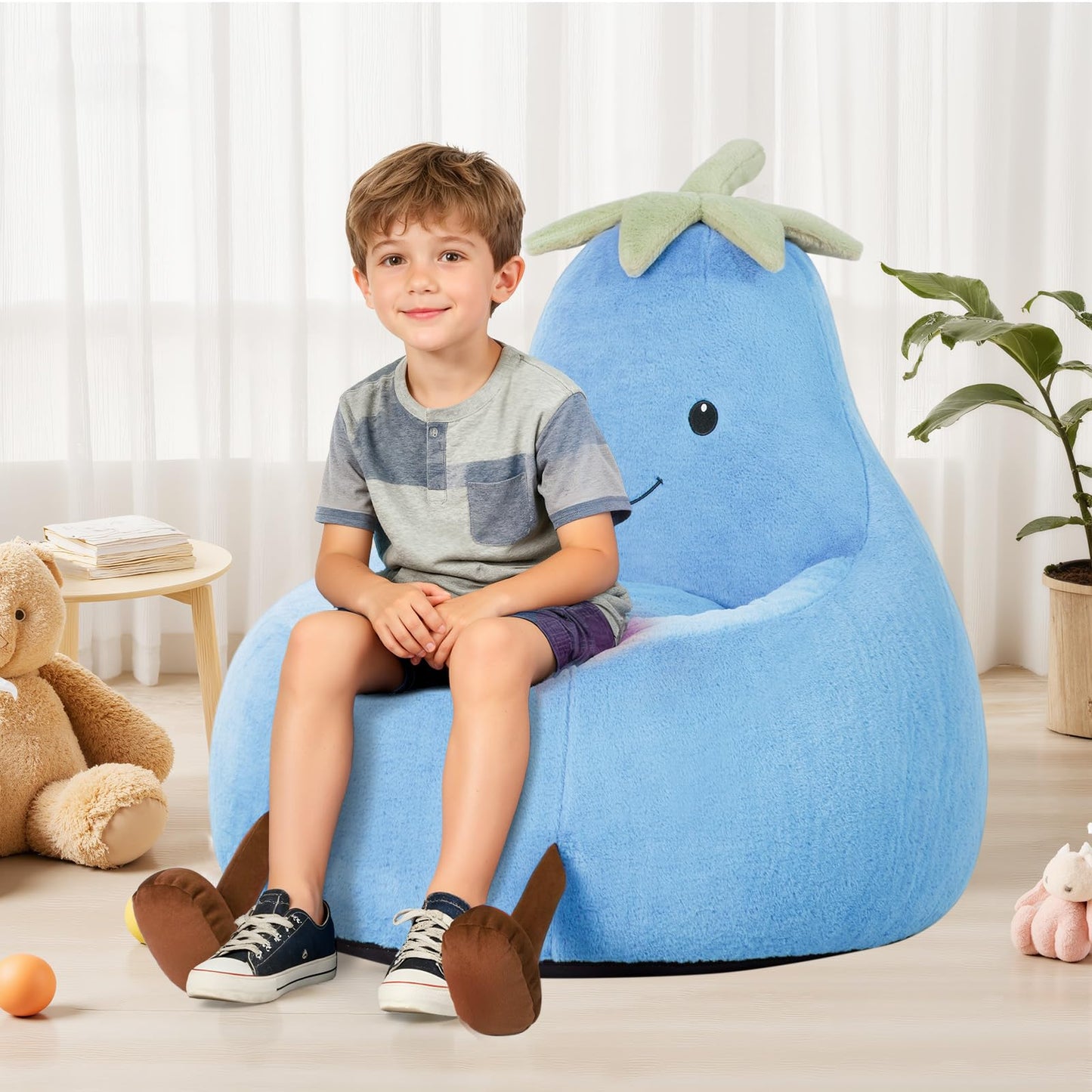 DUMOS Kids Bean Bag Chair, Stuffed Toddler Couch with Faux Rabbit Fur Cover for Teens & Kids, Comfy Lazy Sofa Chair for Reader, Living Room, Bedroom, Aged 4-12 Years, 31 Inch, Blue