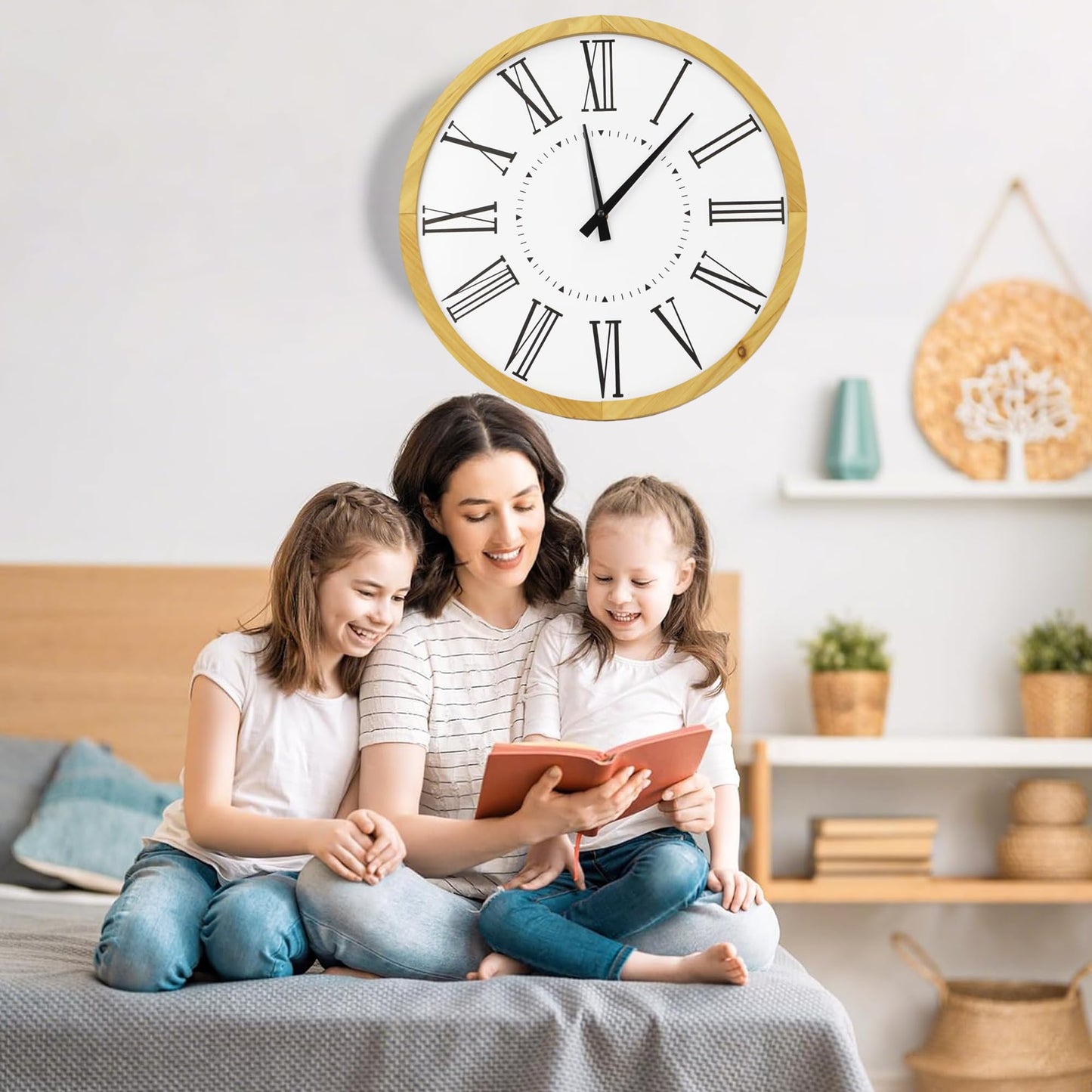 INTERHOMART Farmhouse Silent 16" Wall Clock Battery Operate,Wooden Non Ticking Sweep Movement, Large Farmhouse Wall Clock for Kitchen, Bedroom, Home Office, Living Room Decor, Roman Numerals