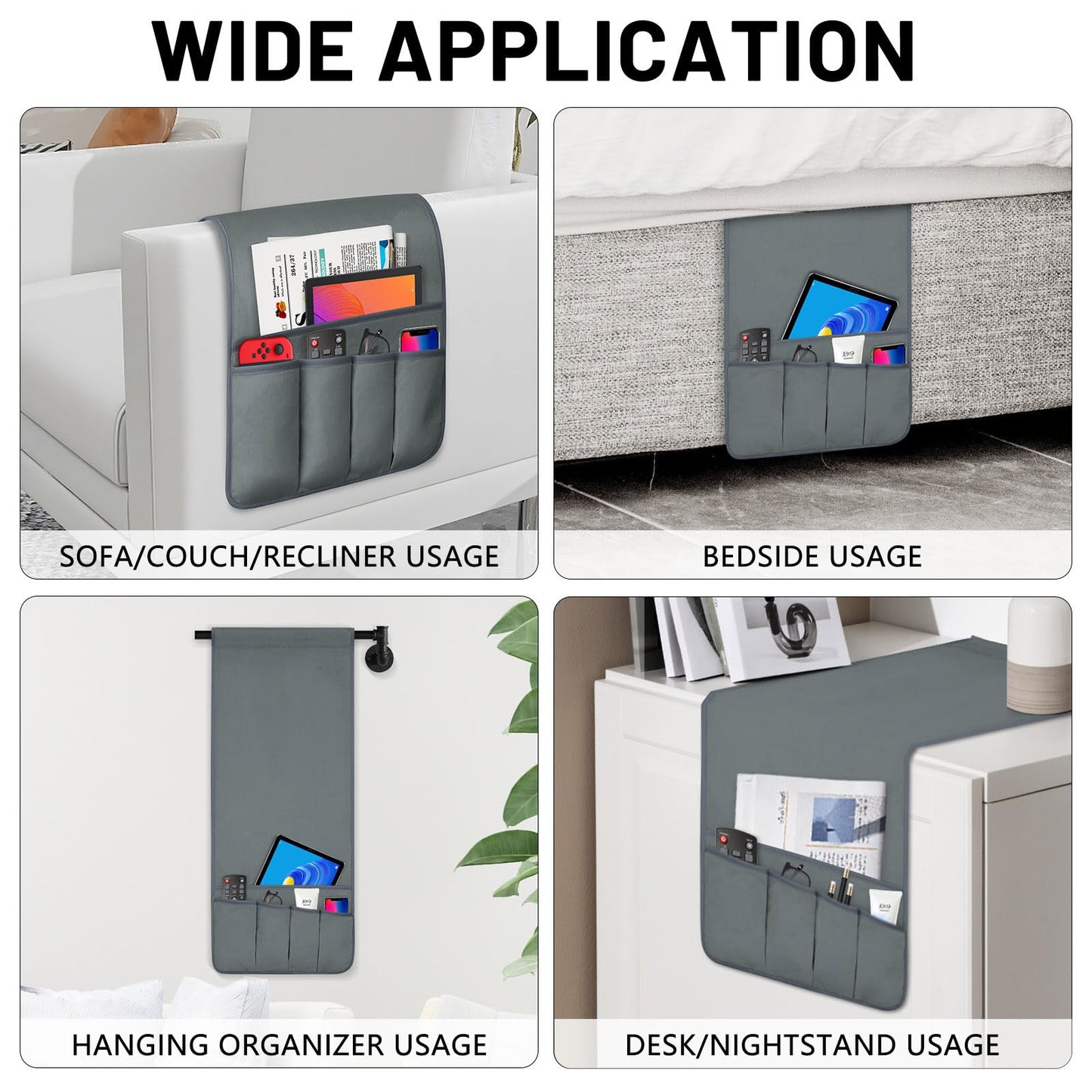 WETRBWEH TV Remote Control Holder Couch Caddy, Non-slip Bedside Caddy Organizer with 5 Pockets for Key Glasses Phone Magazine Holders (Gray, 35"x12.4")
