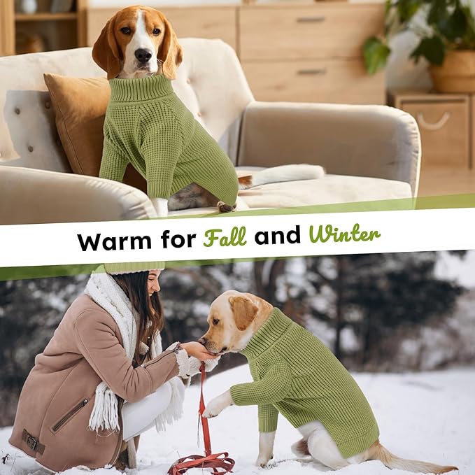 Queenmore Dog Sweater, Turtleneck Dogs Sweaters with Check Pattern, Winter Warm Dog Sweaters for Large Breeds, Solid Pull-on Pet Sweaters, Green L