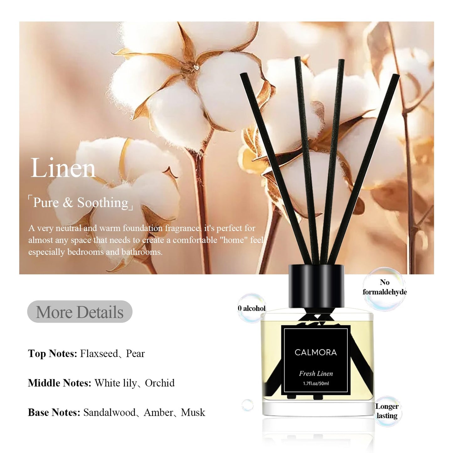 CALMORA Reed Diffuser Set of 3, 50ml Fresh Linen/Eucalyptus & Mint/Ocean Scented Oil Diffuser with 15 Sticks | Home Fragrance for Bedroom, Bathroom, Office & Living Room