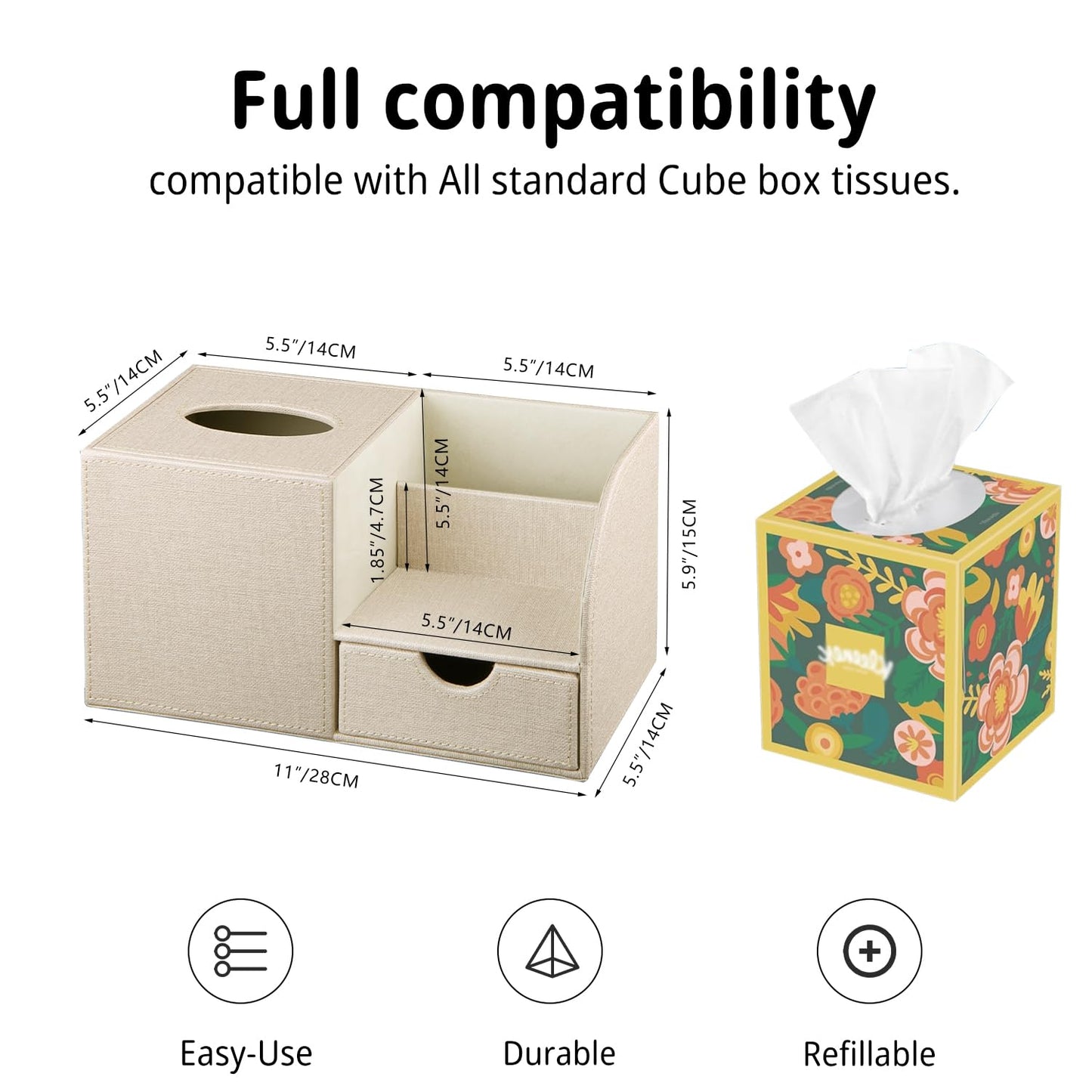 Nightstand Organizer with Tissue Holder,PU Leather Square Tissue Box Cover,Modern Facial Paper Organizer Storage Box for Remote Control,Bathroom,Vanity Countertop,End Table Home Office.Beige