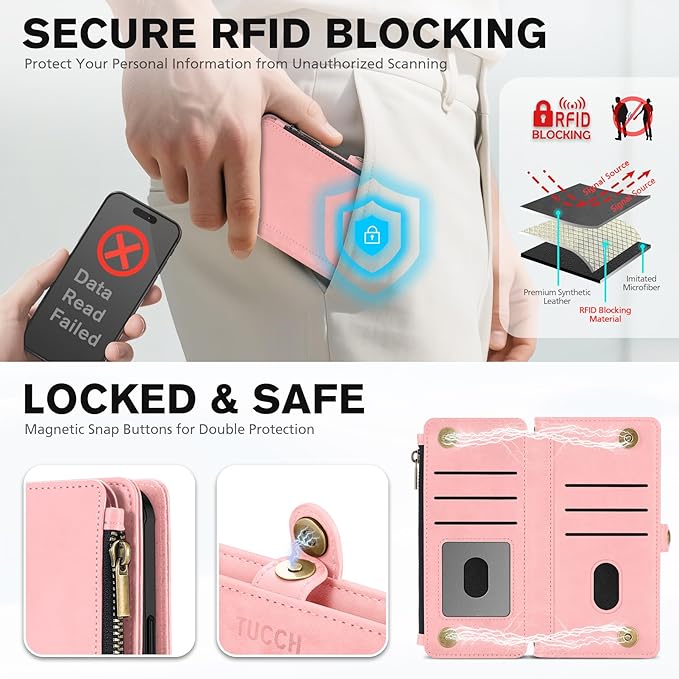 TUCCH Detachable Crossbody Wallet Case for iPhone 17 Pro Max 6.9", 10 Card Slots RFID Blocking | Stand | Lanyard Wrist Strap | Wireless Charging | Zipper Pocket | PU Leather Magnetic Cover | Rose Gold