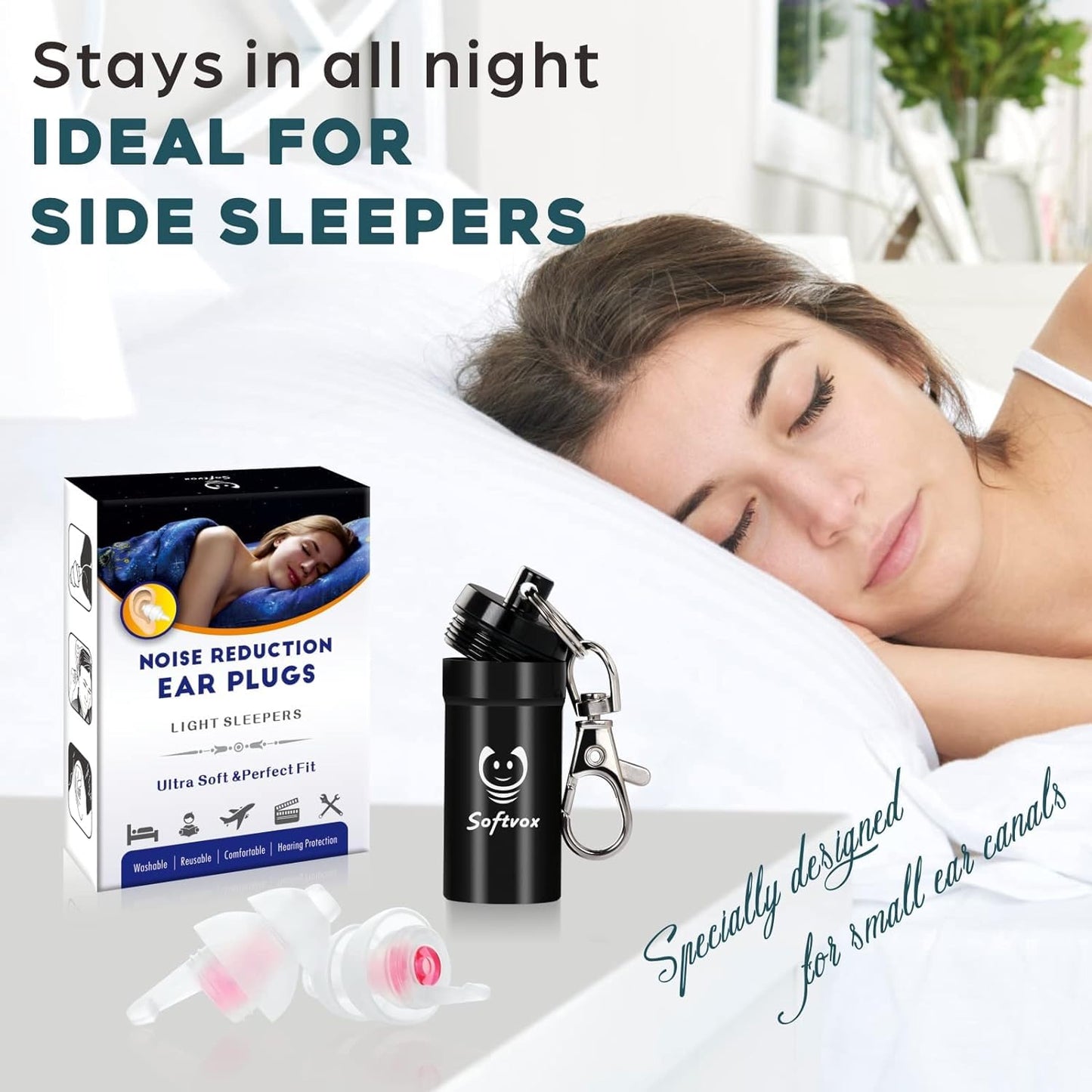 Softvox Small Ear Plugs for Sleeping, 2 Pairs Reusable Comfy Earplugs for Adults Kids 12+, Noise Reduction Earbuds for Sleep, Snoring, Work, Travel, Gardening, Concerts - 31dB Hearing Protection