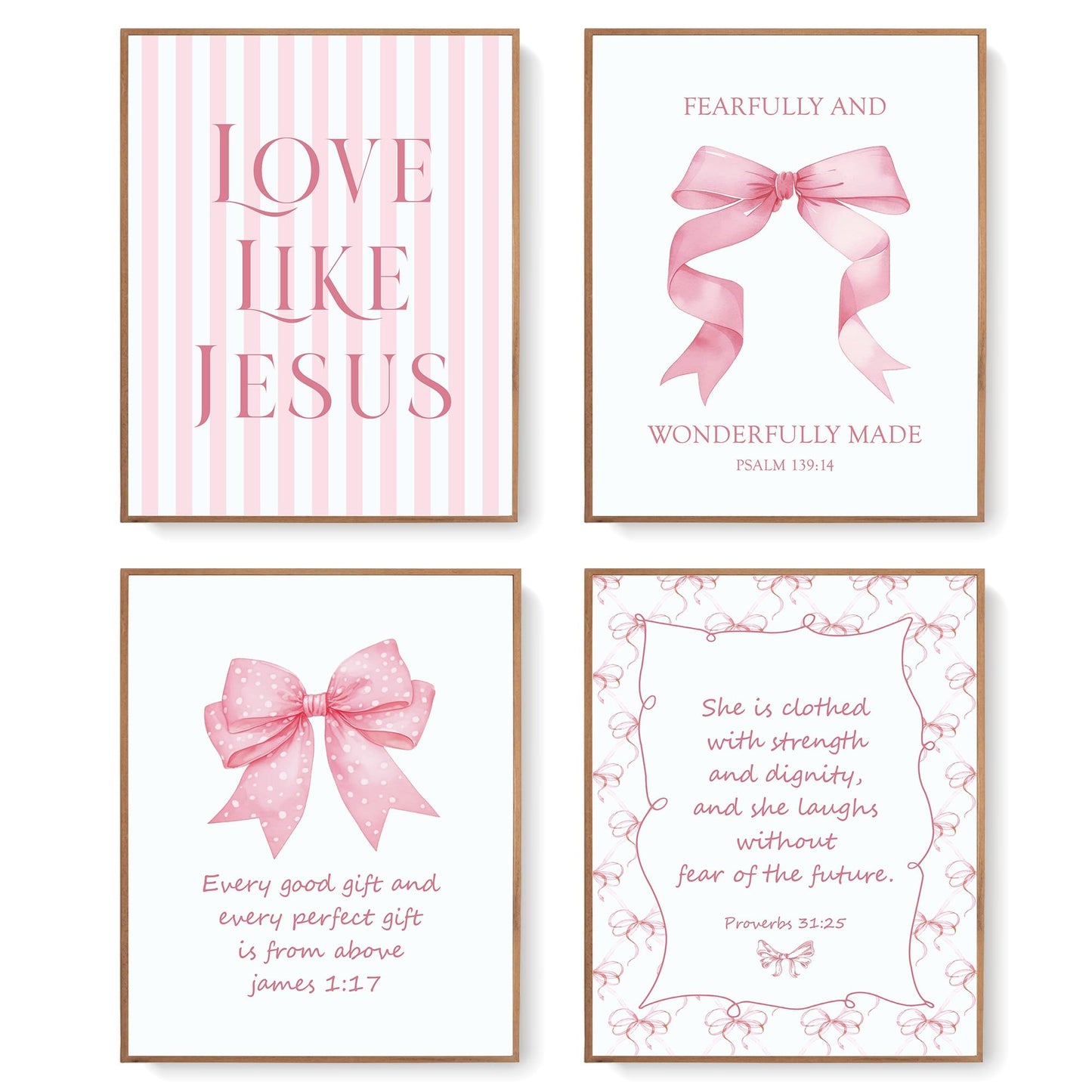 LARTSFRO Coquette Pink Bow Jesus Wall Art Decor Posters, Light Pink Bow Christian Room Bedroom Bathroom Dorm Wall Art Decor Aesthetic for College Teen Girls Gifts, Inspirational Bible Verses Bow Wall Decor, 10x8 Inch Set of 4 Bow Pictures (UNFRAMED)