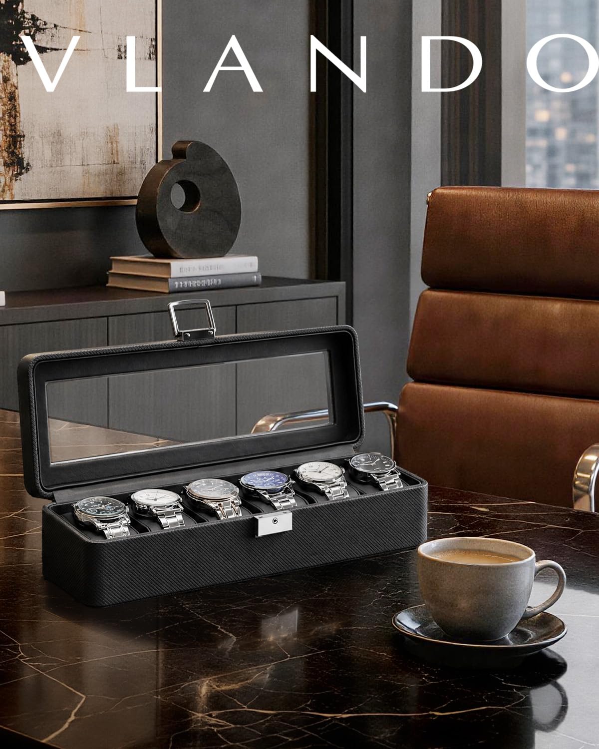 VLANDO 6-Slot Watch Case for Men, Watch Box with Glass Lid, Lockable Watch Holder, Business Textured Leather Organizer Display Case, Soft Pillow, Gifts for Fathers, Dad, Husband, Valentines - Black
