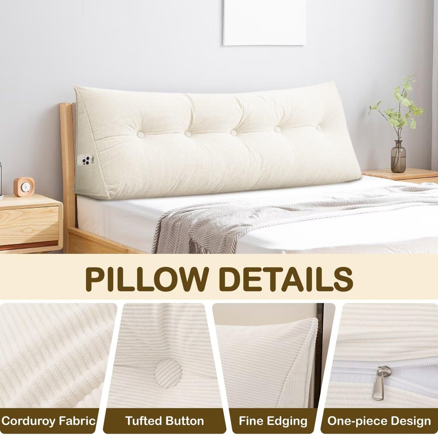 TESICA Dorm Triangular Headboard Bolster Pillow Cream White Wedge Headboard Twin Body Pillow Large Back Cushions for Sitting in Bed, Twin Size