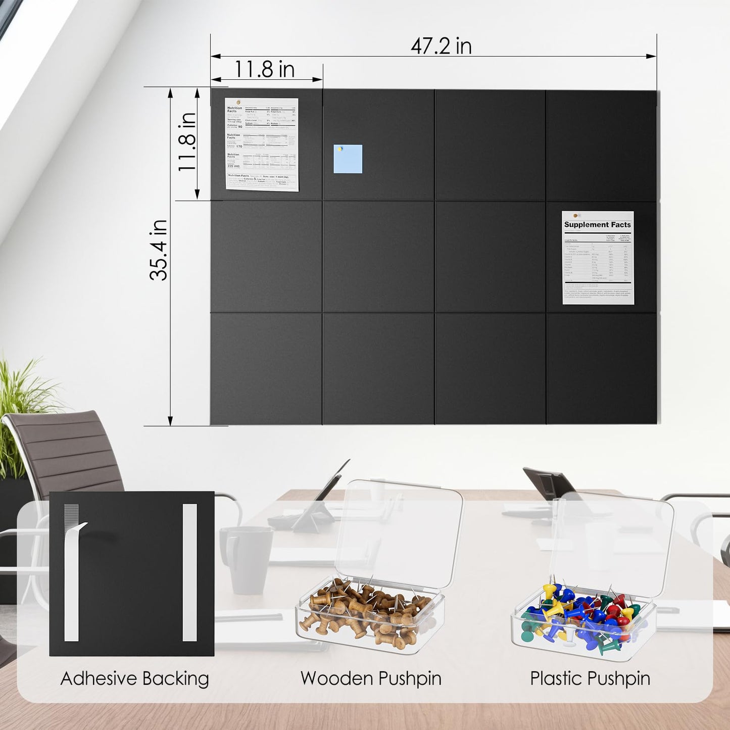 MaxGear Felt Bulletin Board 48" x 36", Black Felt Wall Tiles Wall Decor