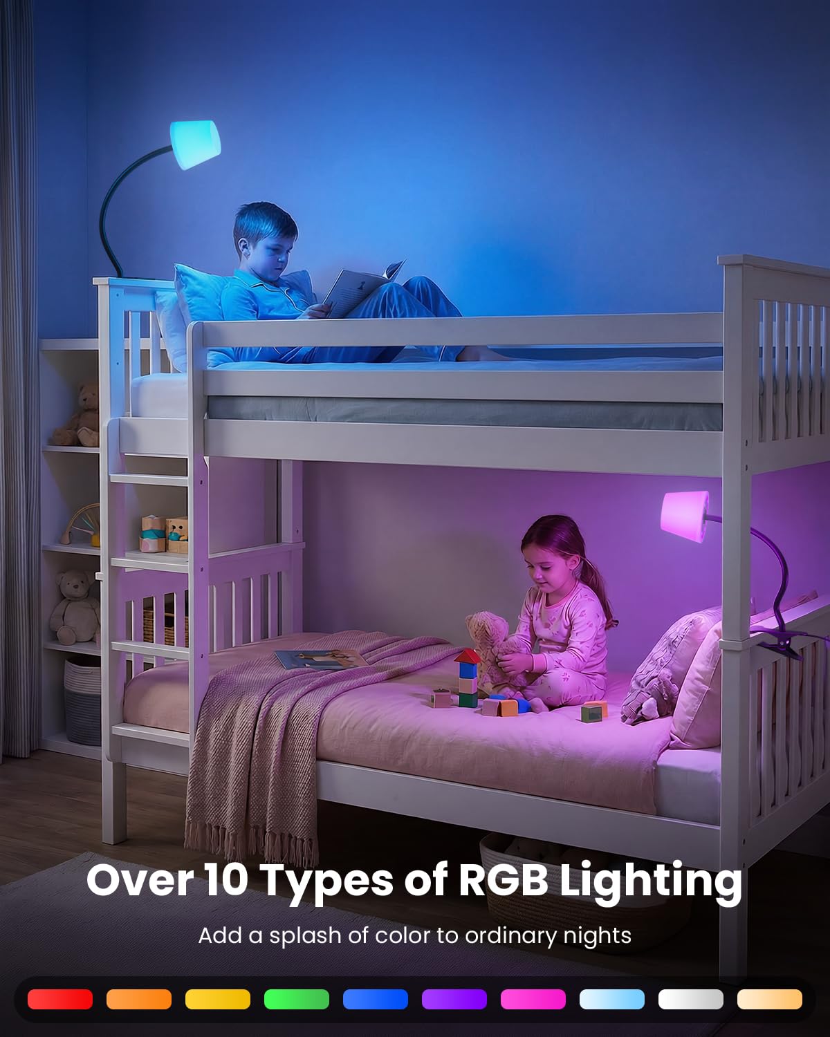 Rdzoko Clip on Light, Reading Light for Bed, RGB Lamp, Dimmable Desk Lamp with Clamp, College Dorm Room Essentials, Cute Bedside Night Light for Kids Headboard, Adapter Included Black