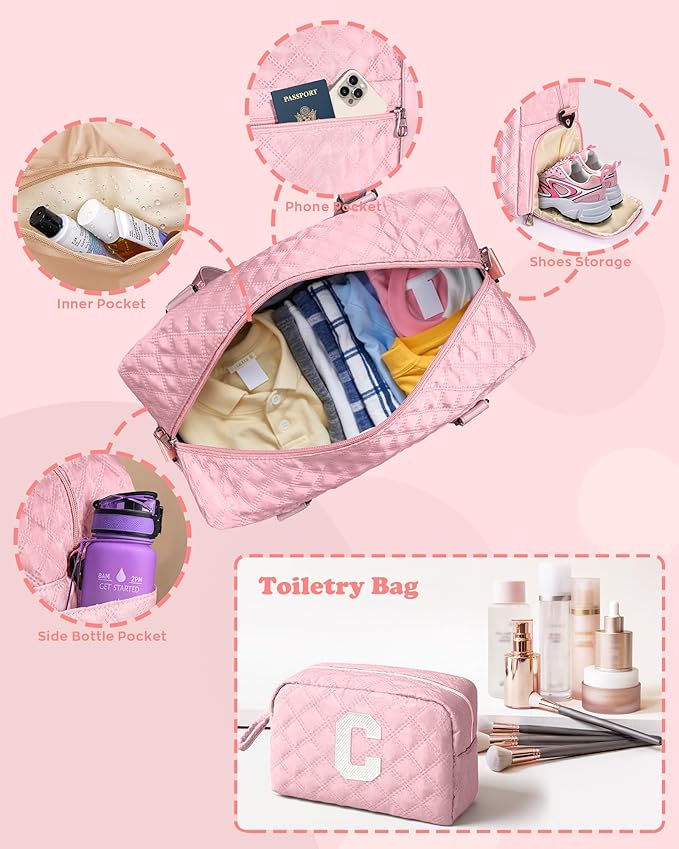 Elilier Initial Travel Duffle Bag Women Girls Gift: Personalized Weekender bags, Dance Cheer bag Sports for Girl, Kid Gymnastics Bags, Birthday Gifts for Women Girls Kids Teens Mom Teacher