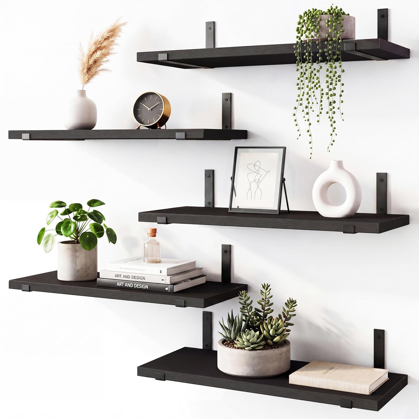 Fixwal Floating Shelves for Wall, Black Shelves Wall Mounted, Rustic Wood Wall Storage Shelves for Bedroom, Living Room, Kitchen, Bathroom, Home Decor (Set of 5 Black)
