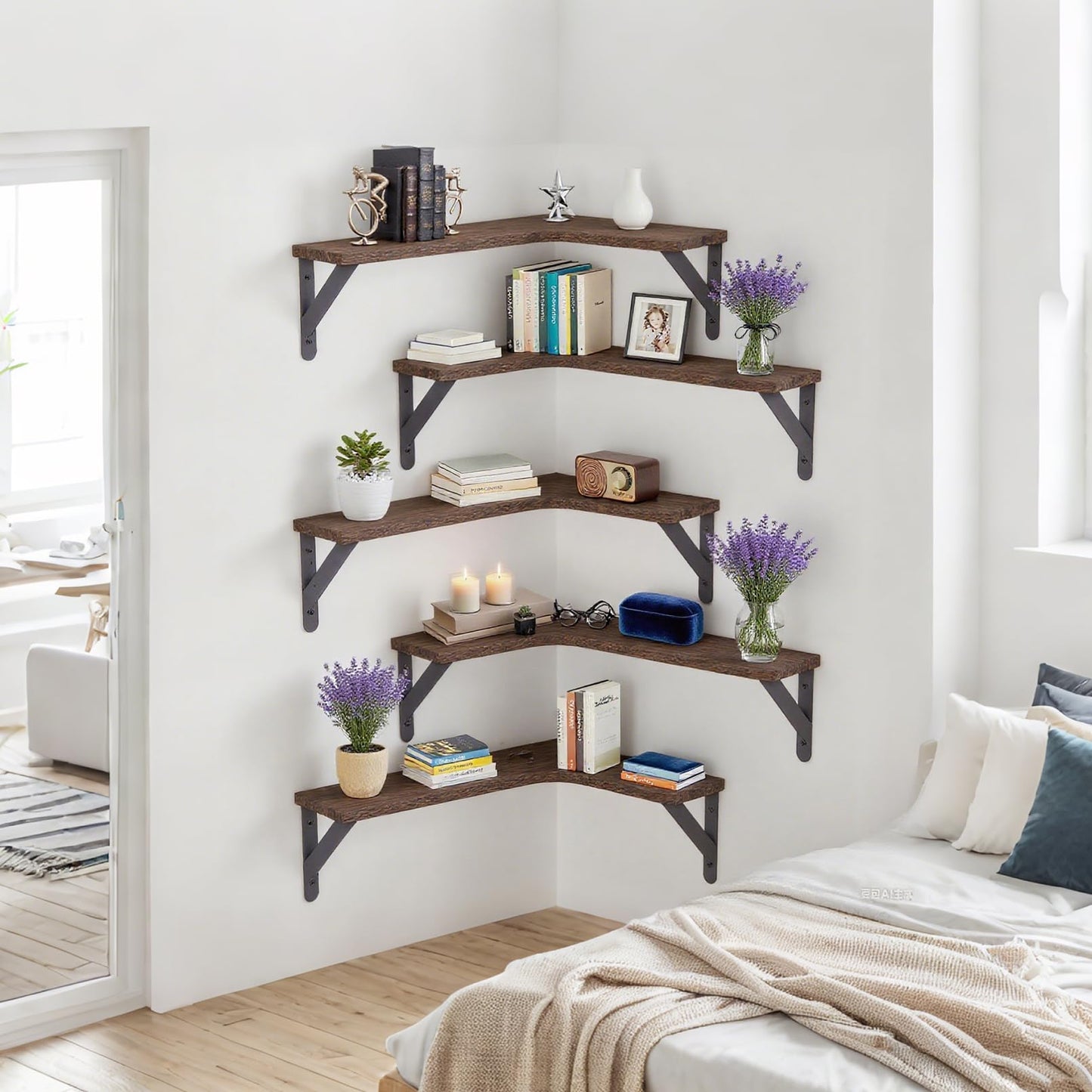COCPOK Corner Floating Shelves Set of 5, Wall Mounted Wood Shelves for Home Decor, Rustic Wood Wall Storage Corner Shelf for Kitchen Bedroom Bathroom Living Room Office, Dark Brown