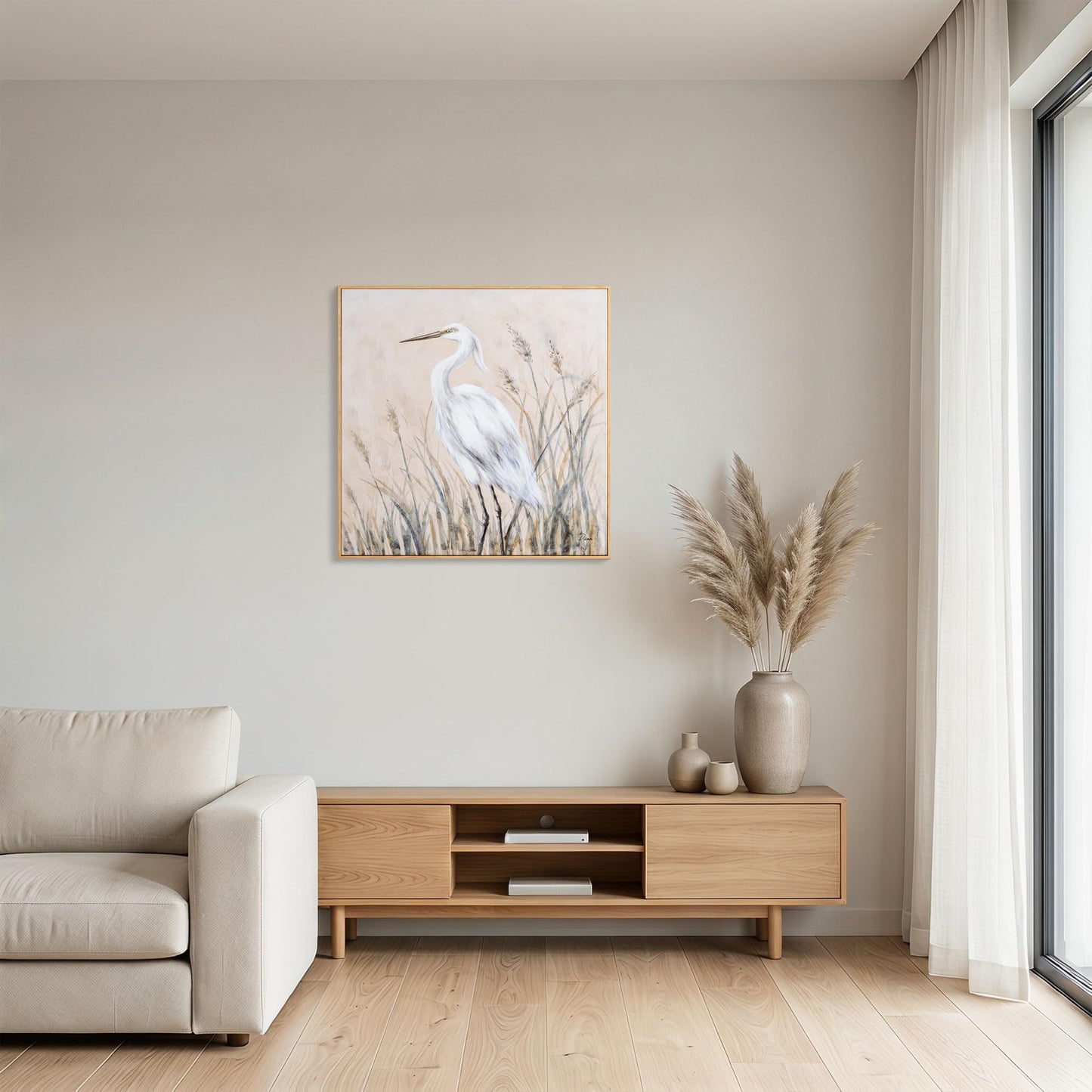 Eonzeun Framed Textured Canvas Wall Art, 24x24 Inch Coastal Wabi-Sabi Neutral Tone Egret Painting for Living Room, Dining Room, Office