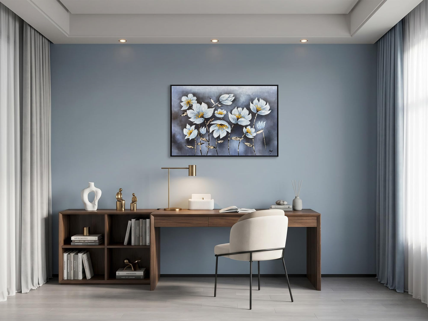 Eonzeun Hand Painted Textured White Floral Oil Painting, 24x36 Inch Wood Framed Canvas Wall Art, Modern Luxury Home Decor for Living Room Bedroom