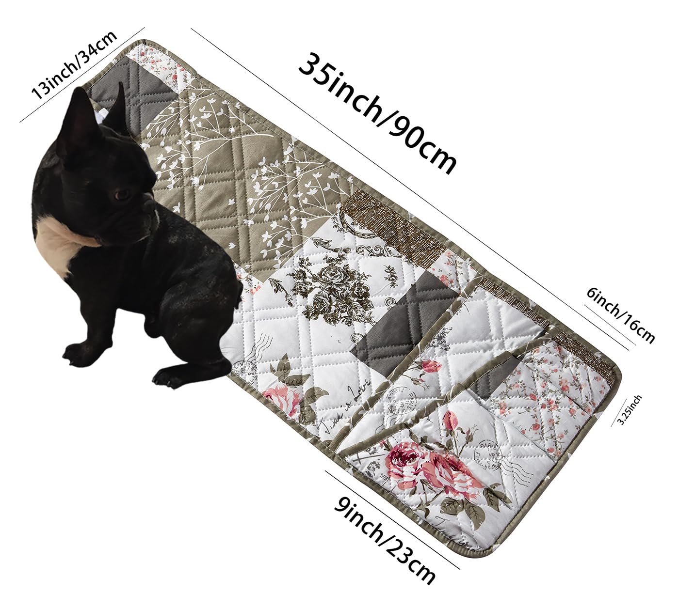 Brilliant Sunshine Pink Rose and Grey Toile Patchwork Couch Armrest Organizer, Non Slip Armchair Caddy for Sofa Recliner, Washable Remote Control Holder, Storage for Magazine, Phone, iPad (35"×13")