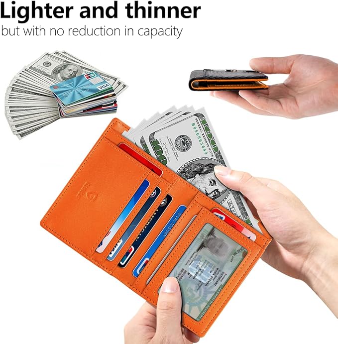 GSOIAX Wallet for Men Slim RFID Blocking Front Pocket Bifold Wallet Leather Money Clip 10-12 Cards Mens Wallet with ID Window Thin Minimalist Credit Card Holder Birthday Gifts for Men Carbon-Orange