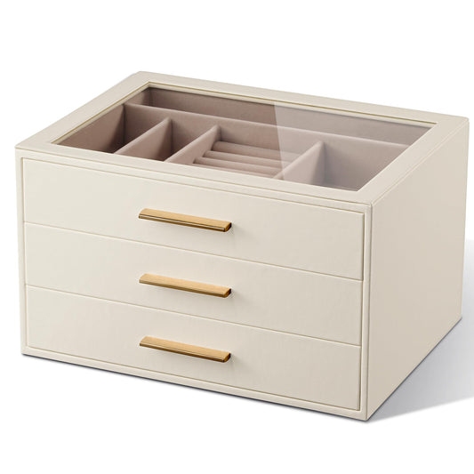 pickpiff Jewelry Box Organizer Case for Women: 3-Layer Jewelry Storage Case with Glass Window, Ivory Leather with Pink Velvet, Holder for Ring Necklace Bracelet Brooch Watch, Great Gift for Her