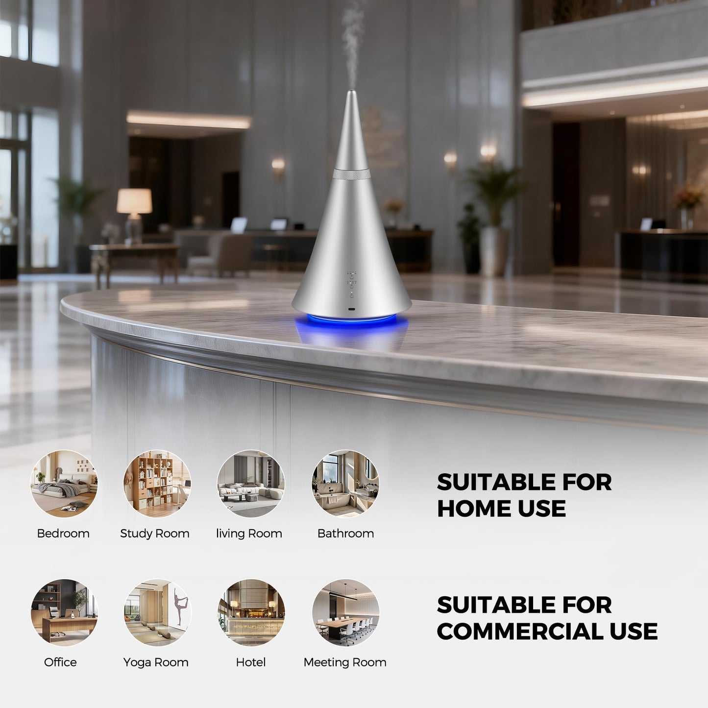Waterless Diffuser, 2000 Sq.Ft Coverage，Essential Oil Diffuser with Bluetooth App Remote Control, Adjustable Mist Mode, Timer, Mood Lights Aromatherapy Diffuser for Home, Office, Hotel