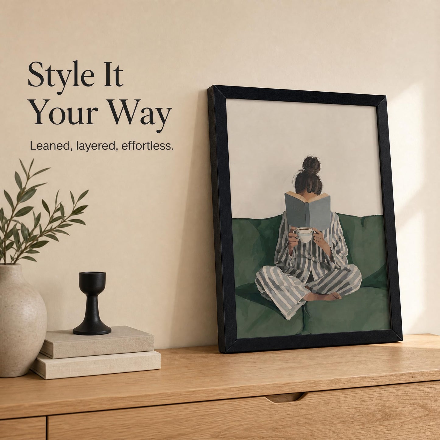 Framed Trendy Women Reading Book Wall Art Quiet Moment on The Sofa Art Prints Green Striped Painting Picture Modern Women's Minimalist Pictures Artwork for Living Room Bedroom Home office Wall Decor