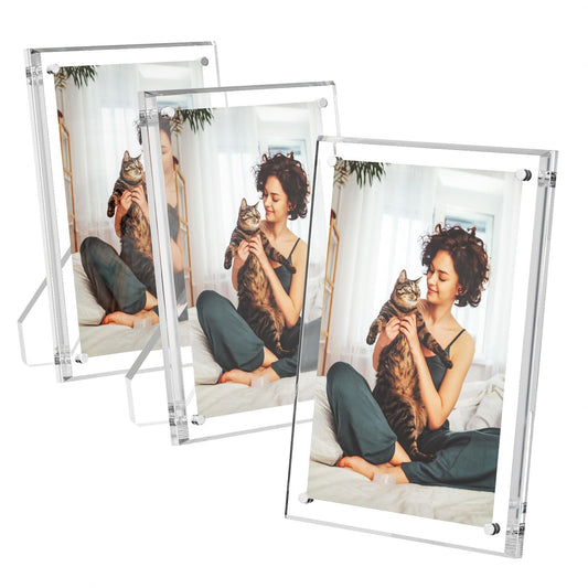 AITEE 5x7 Acrylic Picture Frames 3 Pack, Clear Picture Frames with Stand, Magnetic Frame Lucite Frameless Transparent Floating Gift for Home Desktop Display