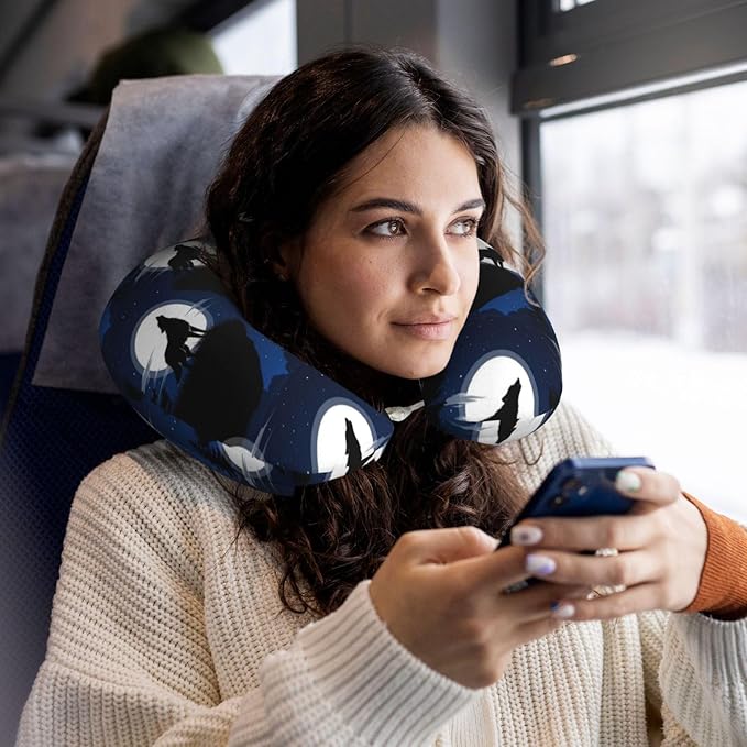 Neck Support Pillow, Comfortable Memory Foam Car/Flight/Airplane Chin Pillows U Shaped Cushion for Office Travel Sleeping Wolf Howling On The Full Moon
