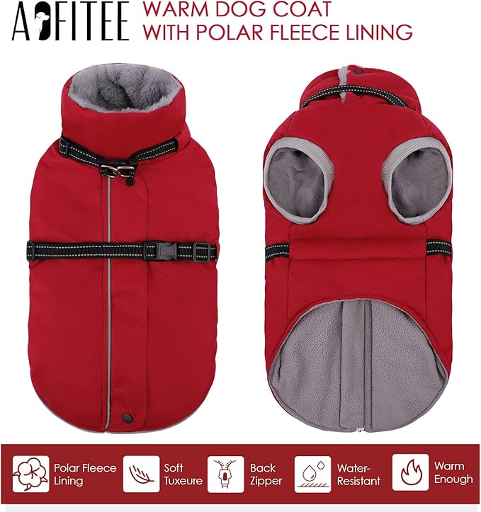 AOFITEE Small Dog Coat, Warm Dog Jacket Winter, Windproof Puppy Winter Coat with Harness & Zipper, Reflective Turtleneck Fleece Pet Sweater Snow Jacket Snowsuit for Schnauzer, Yorkshire Terrier, S