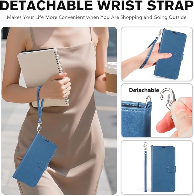 TUCCH Wallet Case for iPhone Air (6.5-Inch) 2025, Wrist Strap | RFID Blocking 4 Card Holders | Stand | Shockproof TPU Shell | PU Leather | Magnetic | Protective Flip Cover | Light Blue