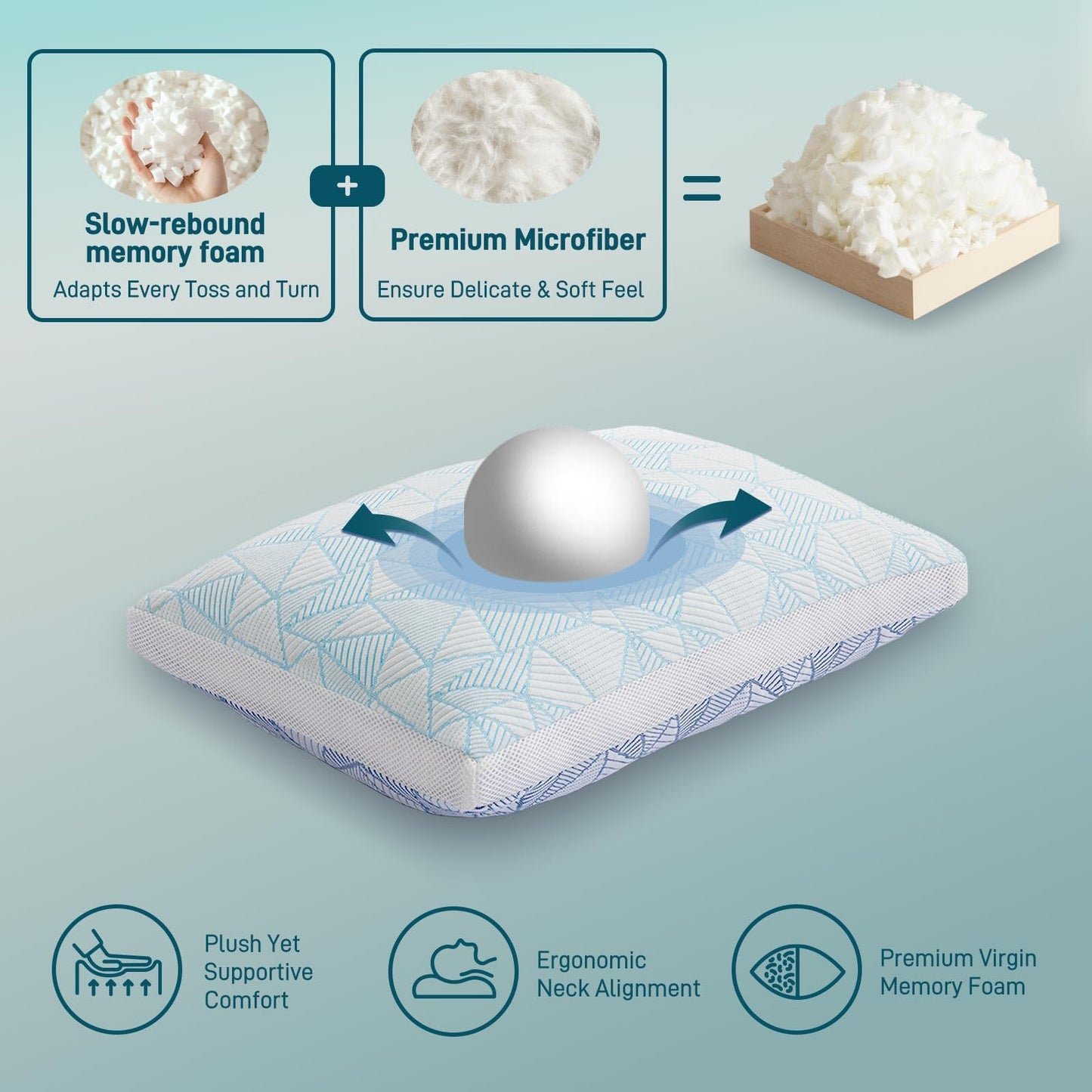 Cotelovo Shredded Memory Foam Cooling Soft Bamboo Viscose Pillows Adjustable Hypoallergenic Hotel Quality Pillows for Stomach, Back or Side Sleeper, Oeko-TEX Certified Queen Size Set of 2