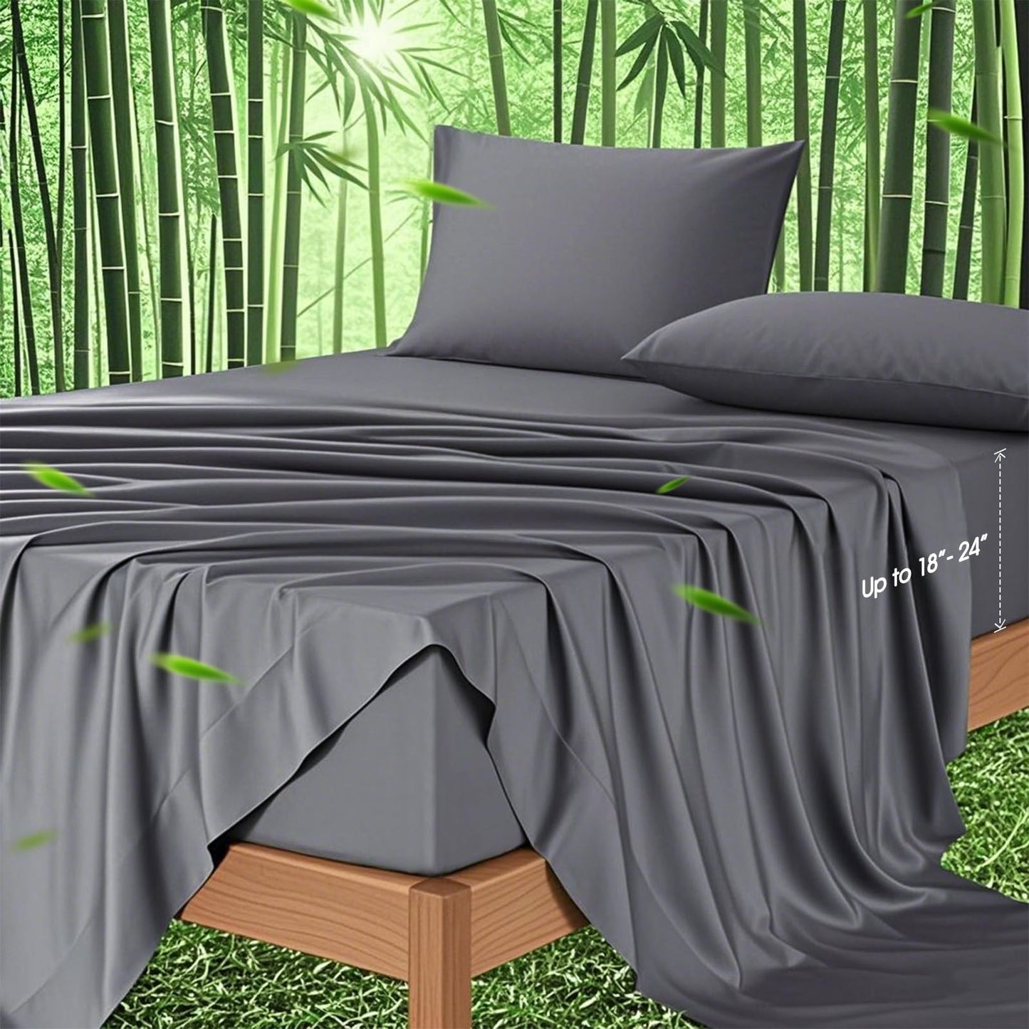 Ivellow Deep Pocket Queen Sheets, Rayon Derived from Bamboo, Extra Deep Pocket up to 18"-24", Hotel Luxury Cooling Sheets for Queen Size Bed, Silky Soft, Smooth, Breathable Bed Sheets Grey