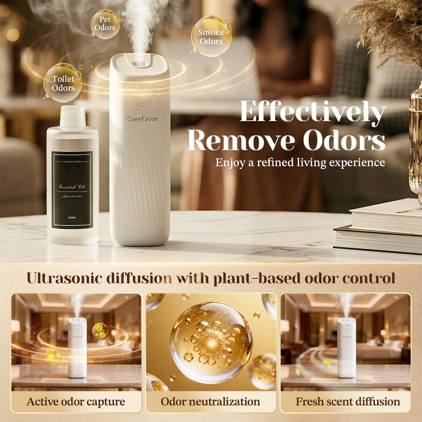 CoreFavor Waterless Essential Oil Diffuser (M60) with 3x120ml Oil, Rechargeable Portable Battery-Operated Cold Air Aroma Scent Machine, 4 Adjustable Intensity Levels, Quiet Diffuser for Home Car