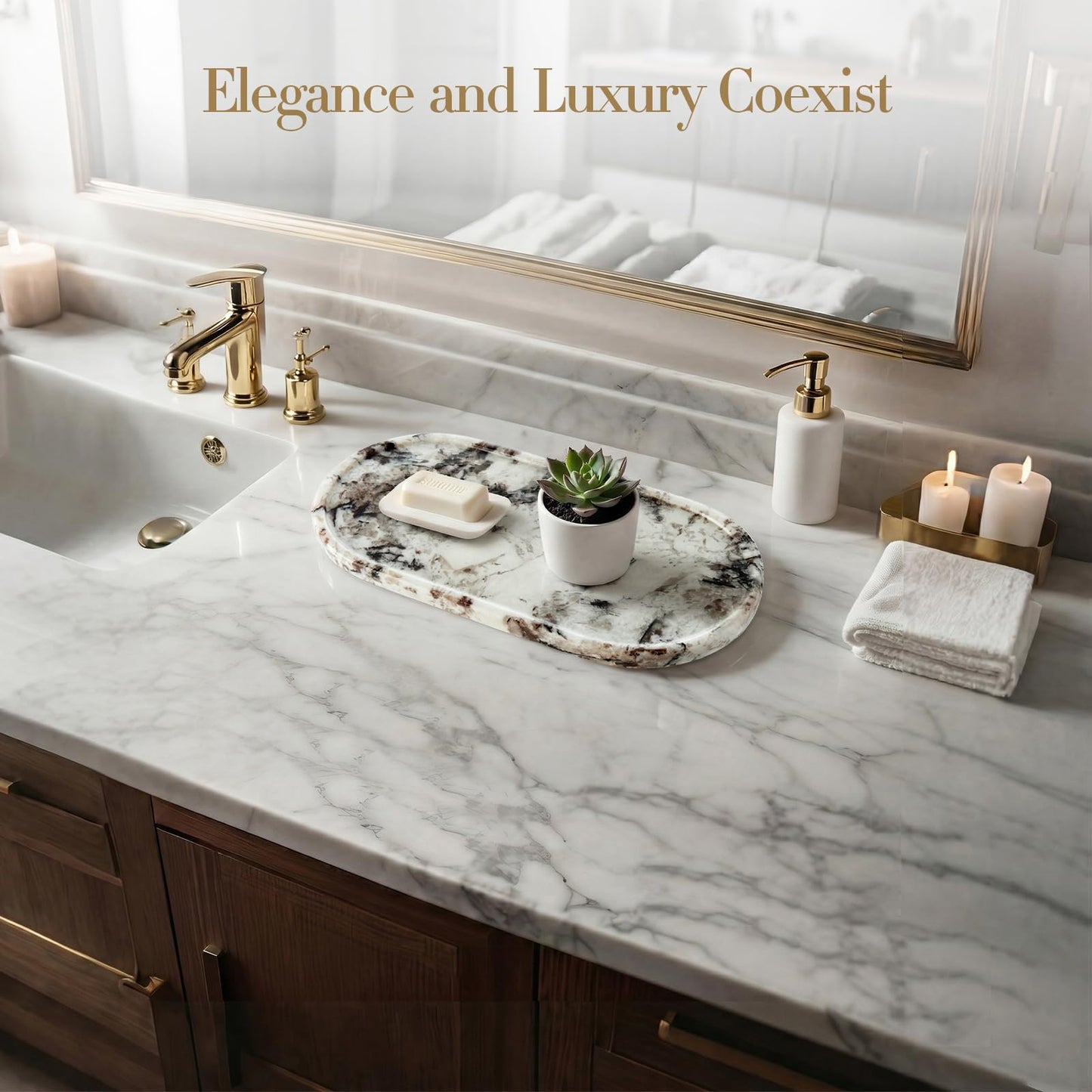 Natural Marble Tray Bathroom Tray, Luxury Decorative Trays for Bathroom, Vanity, Dresser, Kitchen & Home Decor, Valentine's Day House Warming Gifts New Home (Gold)