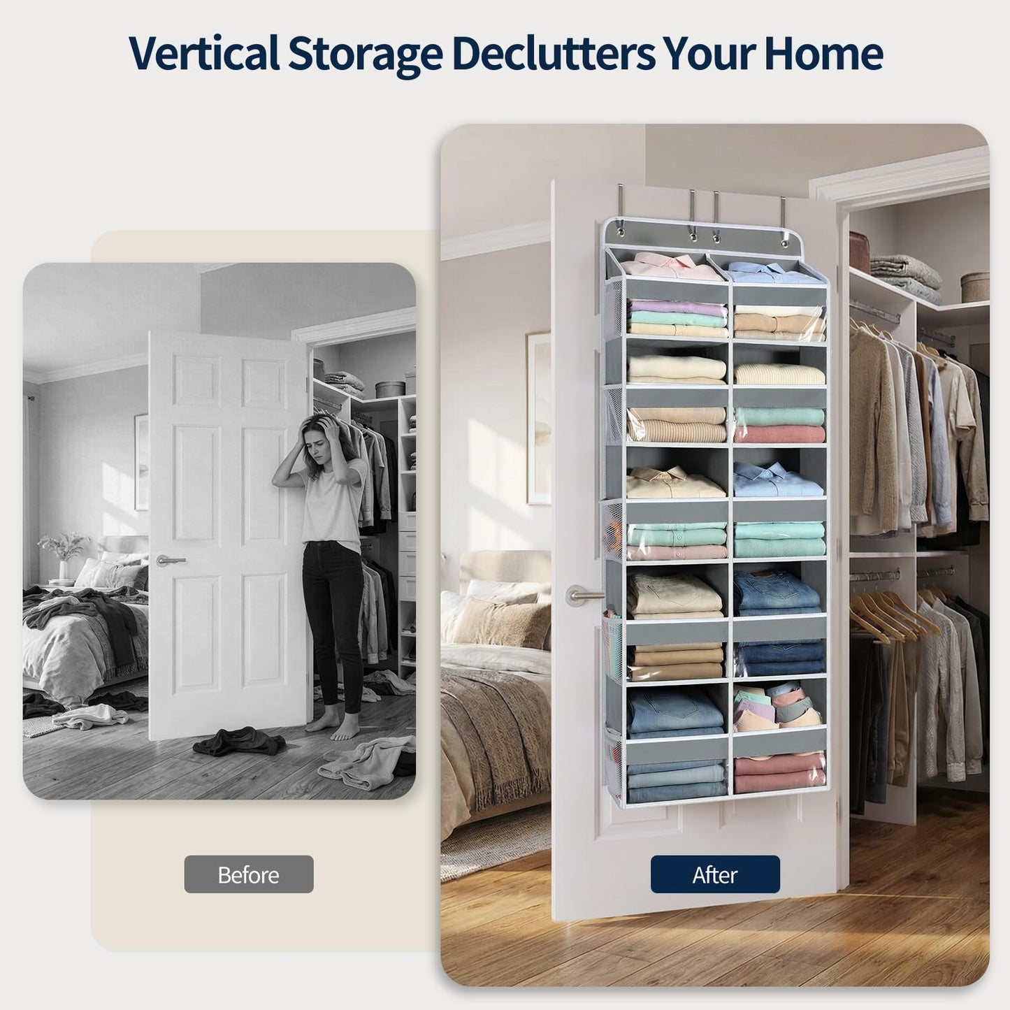Yecaye Over The Door Organizer, 5 Tier Extra Large Behind Door Storage of 10 Compartments, 80lbs Heavy Duty Door Organizer Hanging with Clear Window for Closet Bedroom Pantry Bathroom, Grey