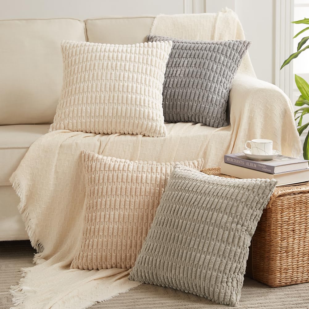 Fancy Homi 4 Packs Decorative Throw Pillow Covers for Living Room Couch Bed, Modern Farmhouse Boho Home Décor Accent Cushion Case, 24" x 24", Cream