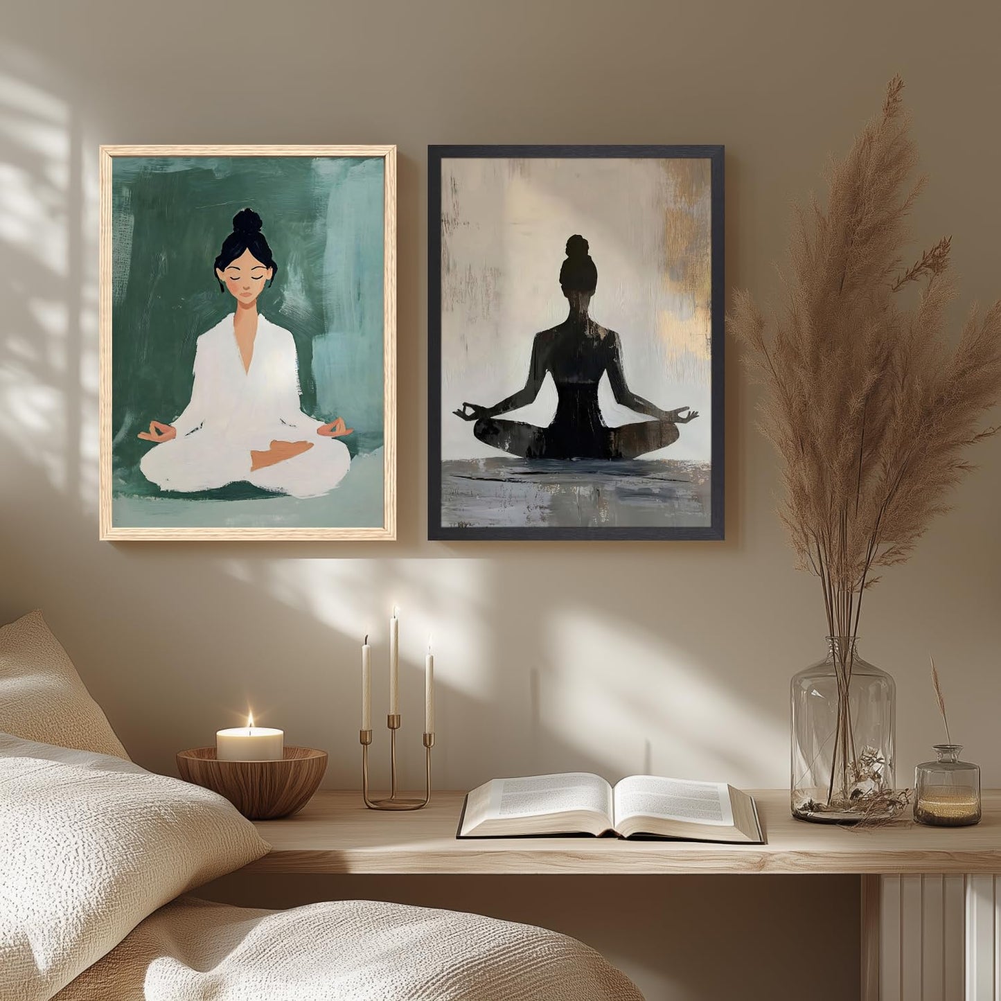 GELDSTEI Wood Framed Zen Wall Art, Modern Yoga Girl Canvas Painting, Tranquil Meditation Wall Decor, Spiritual Aesthetic Picture, Calming Mindfulness Poster Prints for Living Room Spa Yoga 12x16 Inch