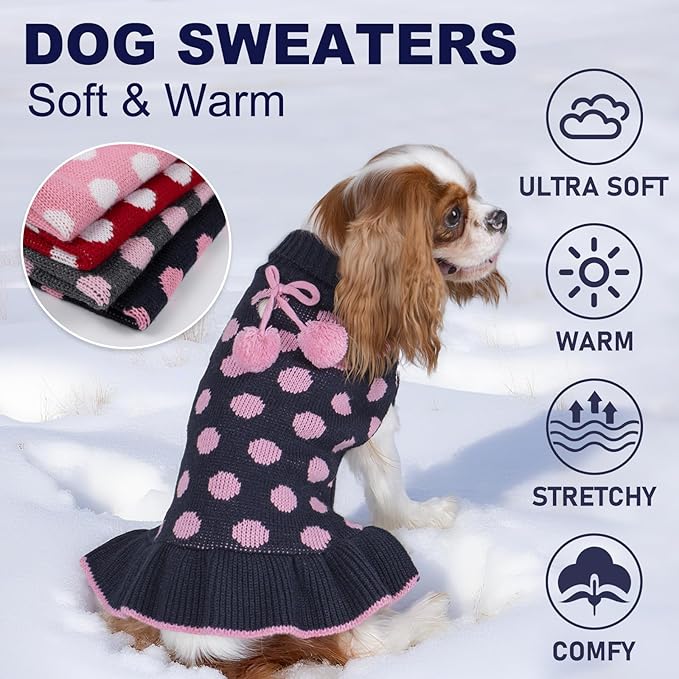 KYEESE Dog Sweaters with Leash Hole Small for Girl Dog Sweater Dress Polka Dot Knit Warm Dogs Clothes with Pom Pom Ball, XS