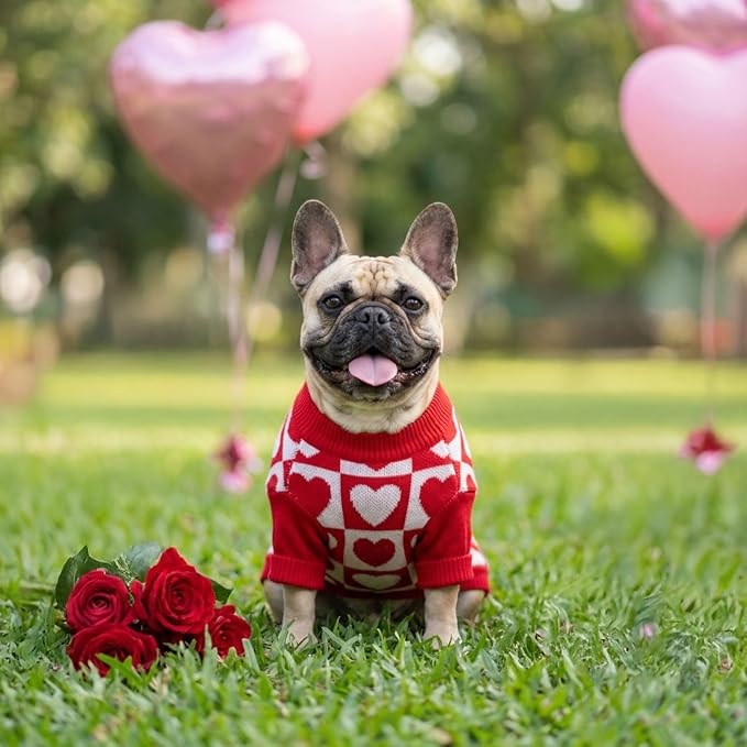 Fitwarm Checkered Heart Dog Sweater, Cozy Valentines Outfit for Small Dogs Girl, Festive Pet Clothes, Red, White, Large