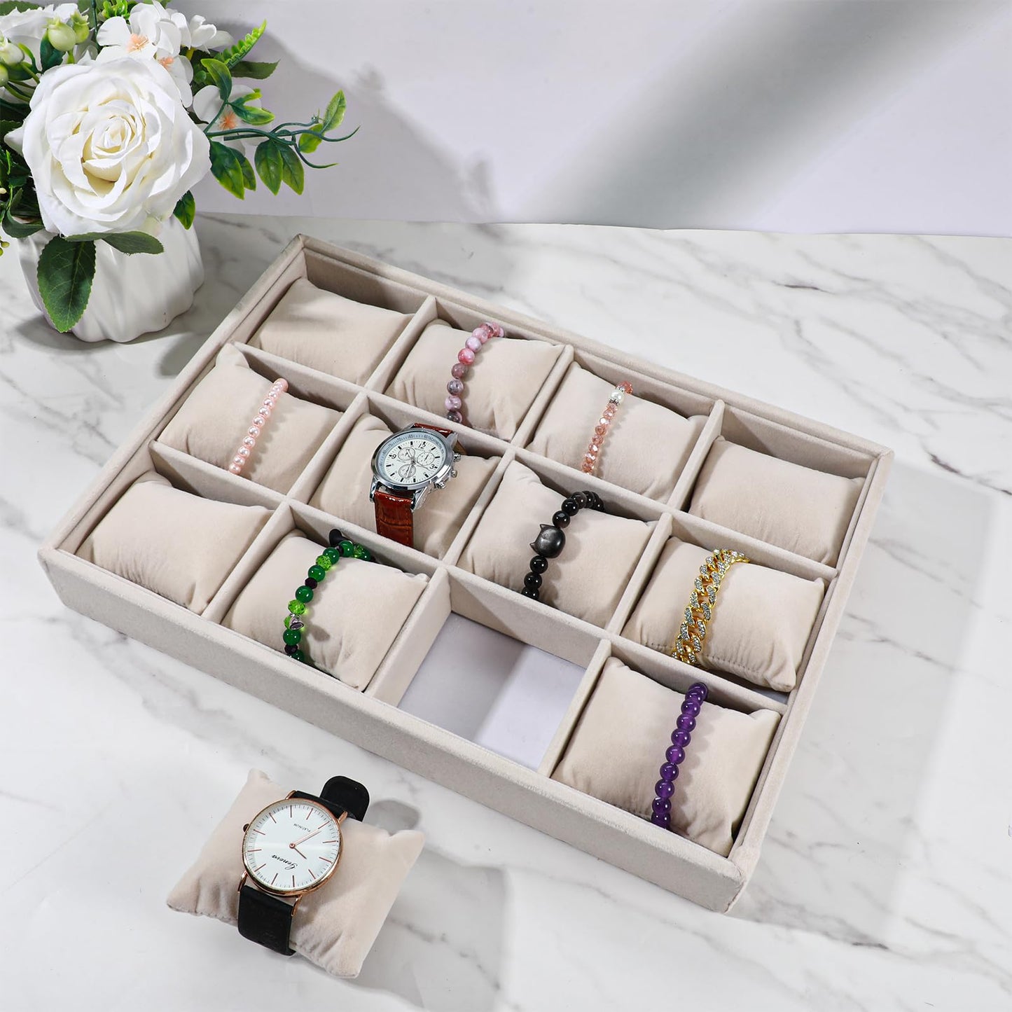 Nodaaiie 2 Pcs Beige Velvet Jewelry Organizer Watch Tray Box 12 Grid Stackable Bracelet Organizer with Adjustable Pillows for Men Women, Home Store Show