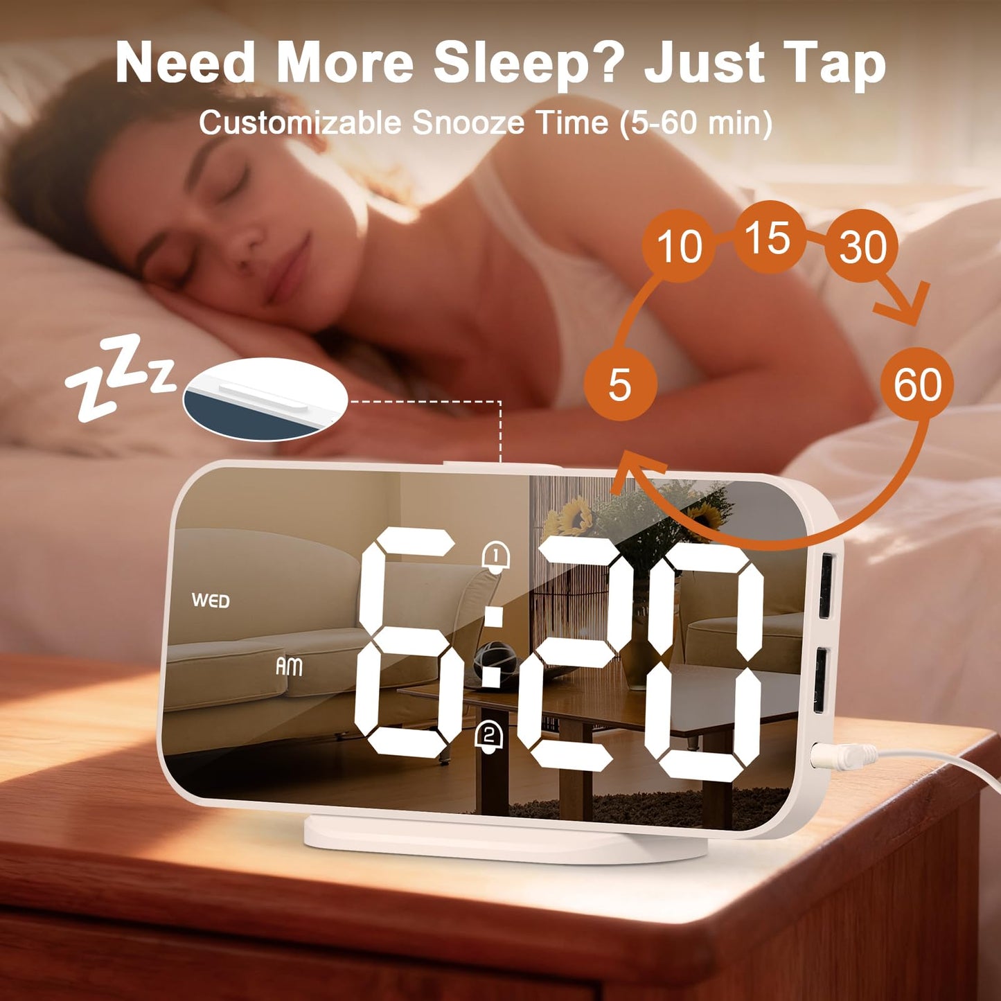 ALANAS Aesthetic Digital Alarm Clock, Big Mirror Display with Dual USB Charger Ports, Dual Alarms, Snooze, 4-Level Adjustable Dimmer, for Bedroom, Office, Desk, Plug in LED Clocks