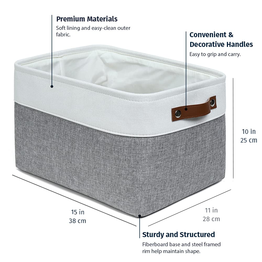 OrganiHaus 15x11in Canvas Storage Baskets 3 Pack | LARGE Fabric Bins for Shelves | Closet & Bedroom Storage | Gray/Off-White
