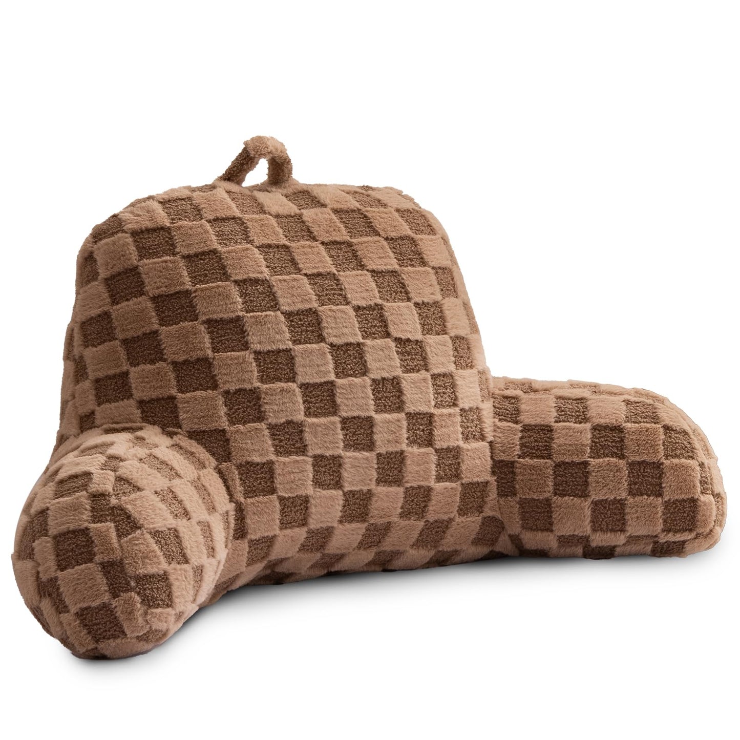 Holawakaka Checkered Reading Pillow for Bed and Sofa Couch Sitting Up, Backrest Pillows with Arms for Kids Teens Adults, Back Support Cushion for Lounging, Watching TV, Working on Laptop Khaki