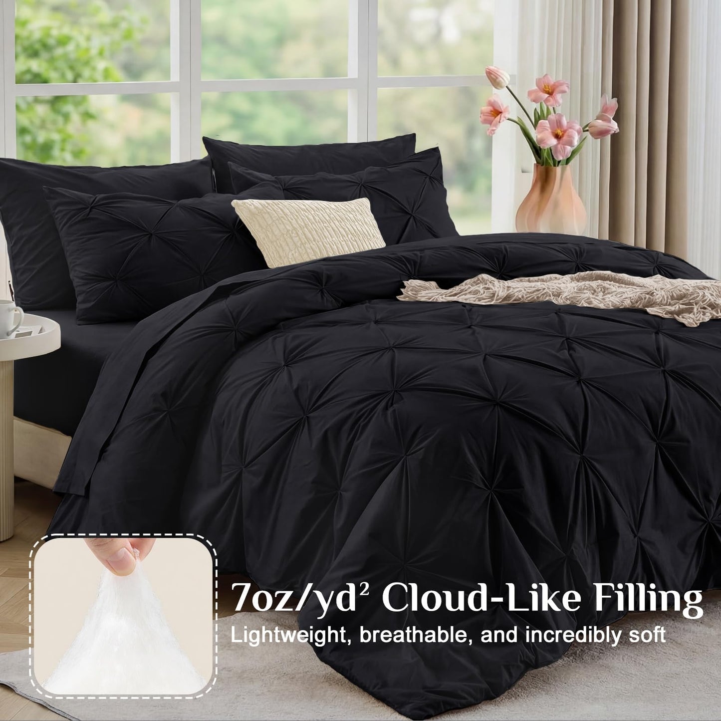 JOLLYVOGUE Black Queen Comforter Set 7 Pieces - Bed in a Bag Queen for All Season, Pintuck Bedding Comforter Sets with Comforter, Flat Sheet, Fitted Sheet and Pillowcases & Shams