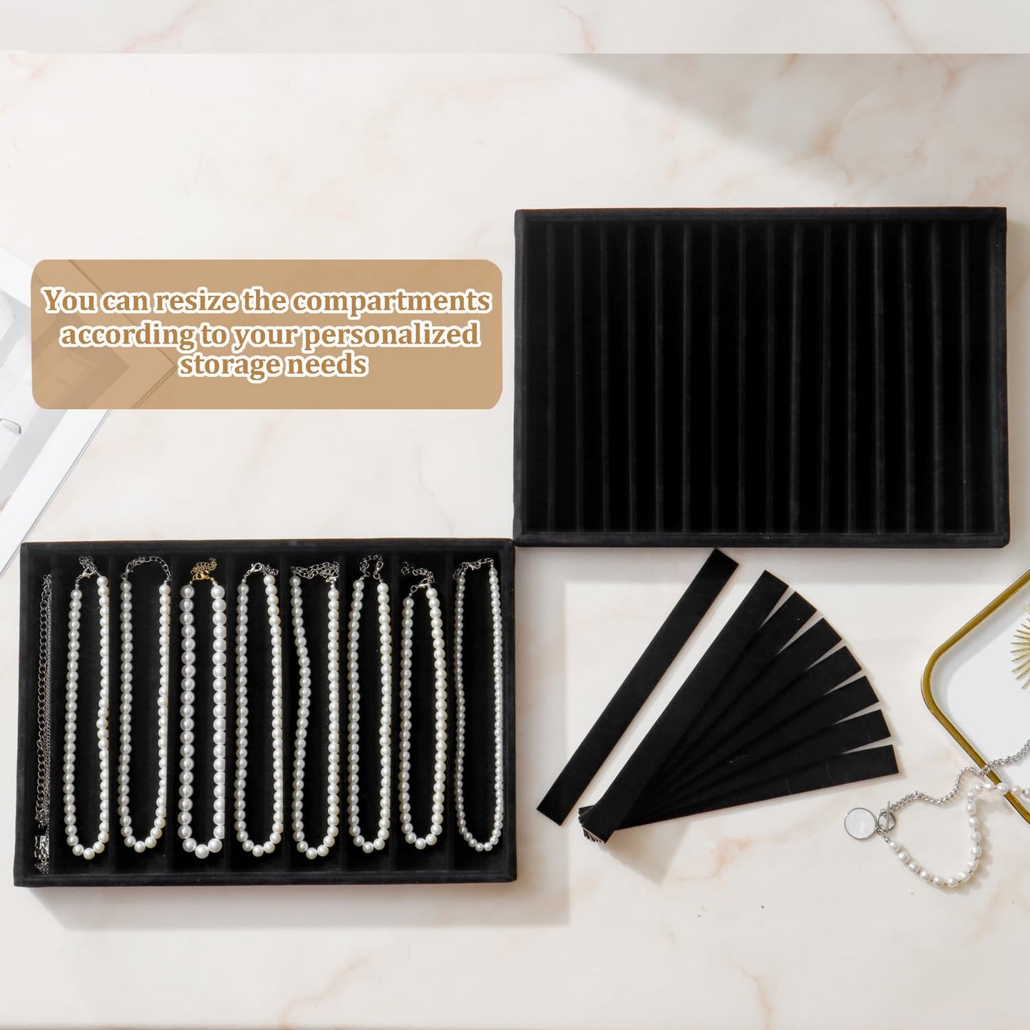KATISYIO Large Jewelry Organizer for Drawer Insert Velvet Stackable Jewelry Trays for Earring Necklace Bracelet Ring Display (Black, 16 Grids)