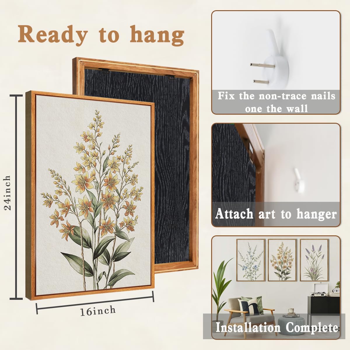 Anyzal Botanical Floral Framed Wall Art Large 16x24 Inch Modern Neutral Wildflower Canvas Art Prints Beige Cream Flower Wall Decor for Living Room Bedroom Dining Room Set of 3