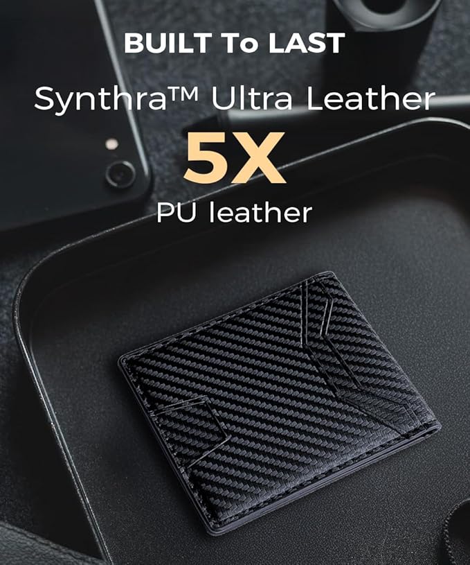 7worldlet Slim RFID Blocking Wallets for Men Synthra™ Ultra Leather Bifold Minimalist Wallet 11 Cord Holder Thin Mens Wallet with Gift Box (Black)