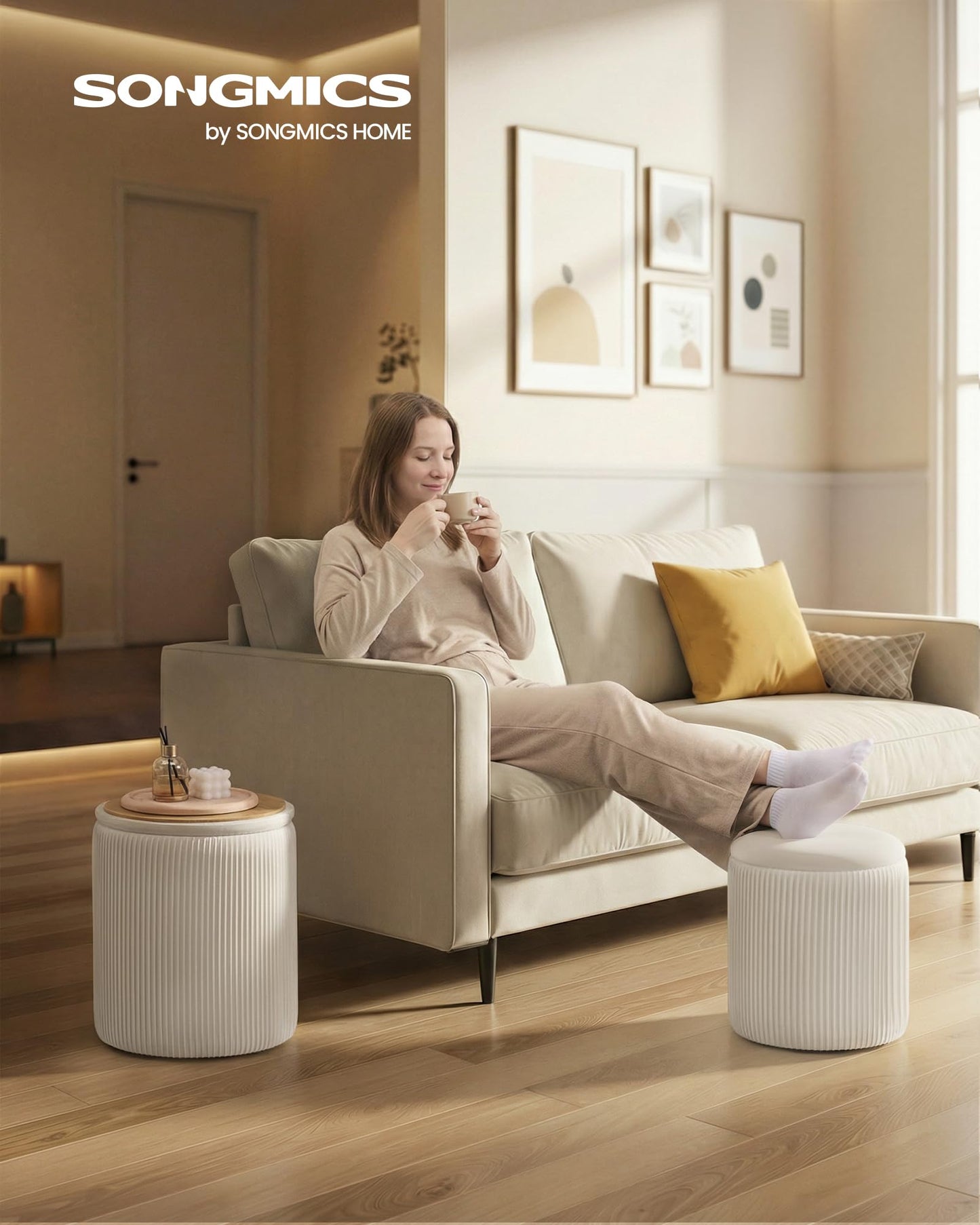 SONGMICS Vanity Stool, Set of 2, Round Storage Ottoman, Small Ottoman Coffee Table, Foot Stool, Removable Lid, for Living Room, Bedroom, Hallway, Easy Assembly, Velvet, Cream White ULOM017WD01