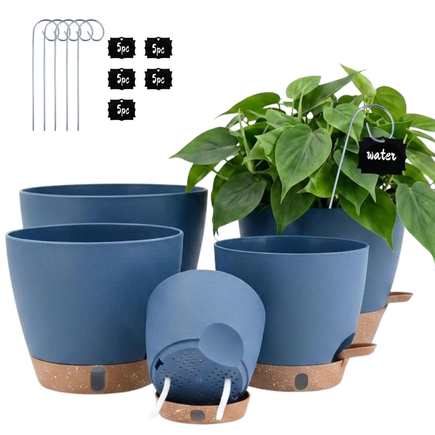montresor 5-Pack Self Watering Pots for Indoor Outdoor Plants, 10/9/8/7/6.5Inch PP Plastic Planters for Outdoor Plants with Water Level Indicator & Drainage, Self Watering Outdoor Planters (Blue)