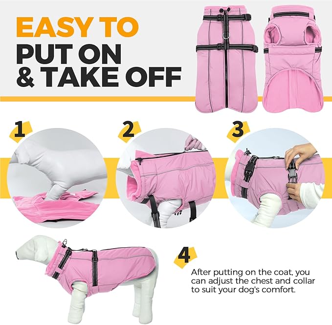 Lelepet Waterproof Dog Jacket with Harness Built in Warm Dog Winter Coat, Reflective Jacket Fleece Jacket, Windproof Dogs Coats for Small Dogs, Thermal Pet Snowsuit for Cold Weather, Yorkshire, Pink S