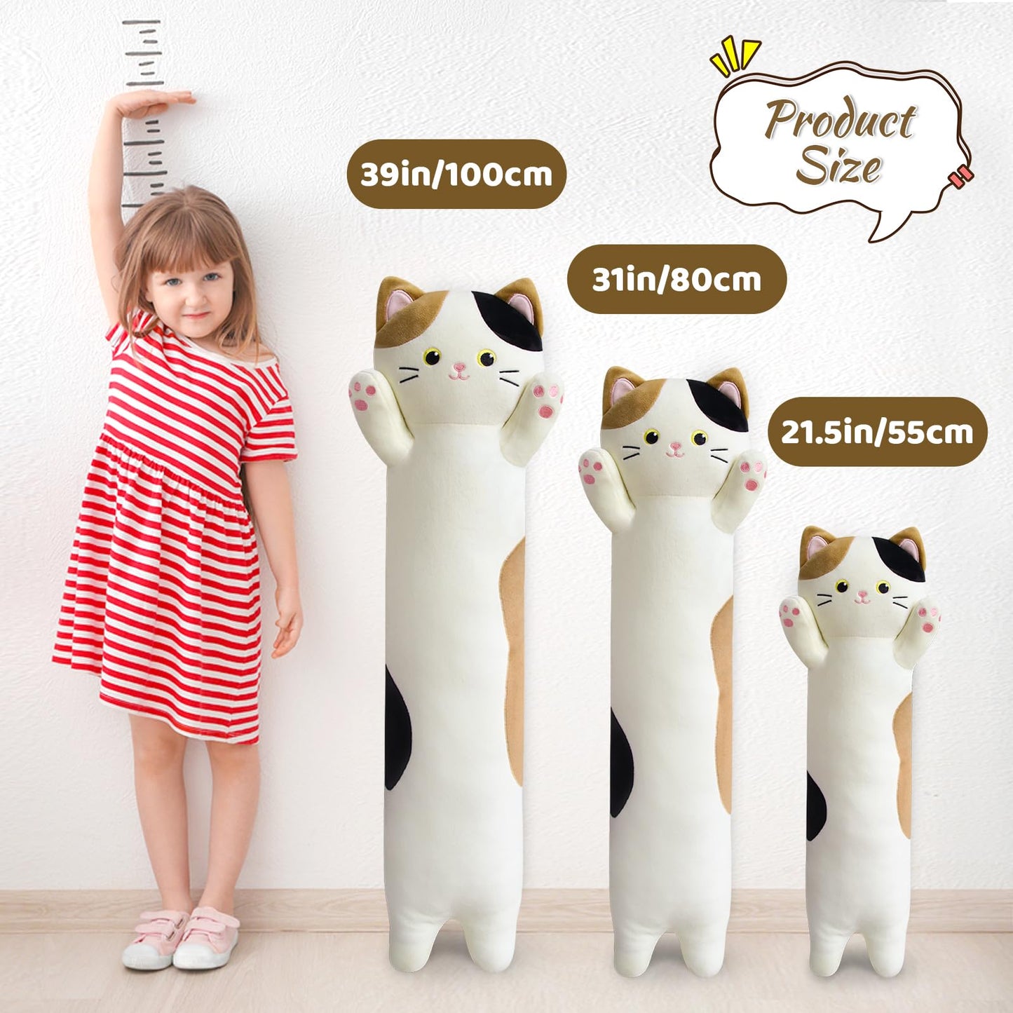 JEROKUMI Calico Cat Long Plush Pillow - 22" Soft Cat Body Pillow, Cuddly Stuffed Animal Plushie, Cute Plushies Kawaii Birthday Gift for Cat Lovers & Kids, Adults