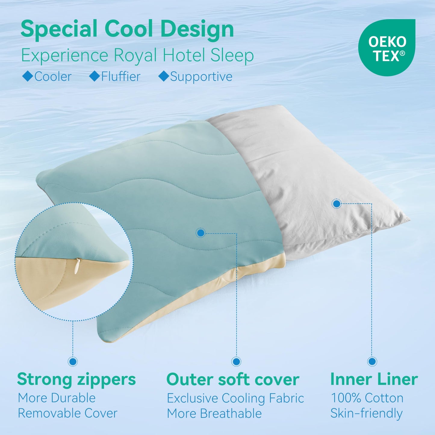 Three Geese Cooling Goose Down Feather Pillows King Size Set of 2 for Hot Sleepers, Q-Max>0.45, Cooling Hotel Bed Pillows with Washable Removable Cover, 20" x 36"
